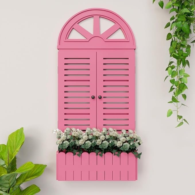 JL Home Decor Quirky Vinatge Window Frame Wooden Jharokha Wall Decor Garden Plant Display for Hanging Plant Pots Holder Indoor Living Room (Pink)
