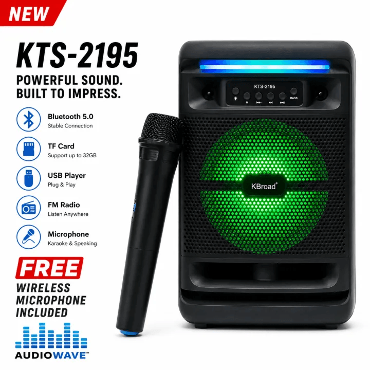 KTS-2195 Wireless Portable Karaoke Speaker With Wireless Microphone Support Bluetooth, FM Radio, TF Memory Card Reader and USB Pen Drive