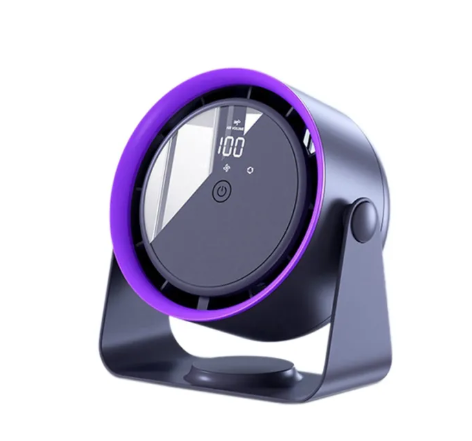 Purple and gray F6 desktop air circulation fan with a digital battery display