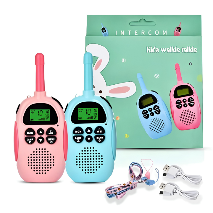 Kids Rechargeable 𝖶𝖺𝗅𝗄𝗂𝖾 𝖳𝖺𝗅𝗄𝗂𝖾 Set – 3KM Long Range Wireless Toy Intercom for Boys & Girls, USB Charging, Clear Sound, Flashlight, Display Screen, Blue & Pink