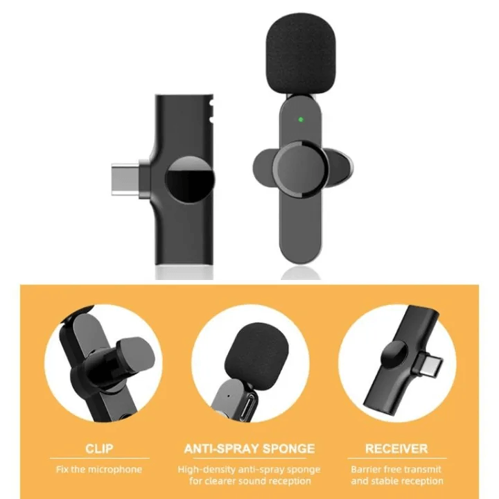 Wireless Lavalier Microphone k8 Portable Audio Video Record Mini Wireless k8 2.4Ghz Microphone For Android Live Broadcast Gaming mobile Phone Type-C & Lighting Black_img_1