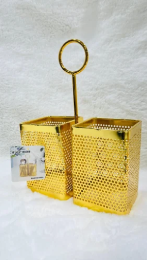 gold-finished perforated metal double utensil holder - Image 1