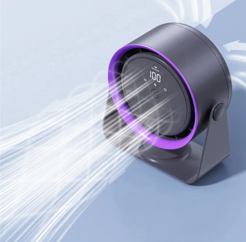 Purple and gray F6 desktop air circulation fan with a digital battery display_img_5