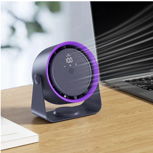 Purple and gray F6 desktop air circulation fan with a digital battery display_img_1