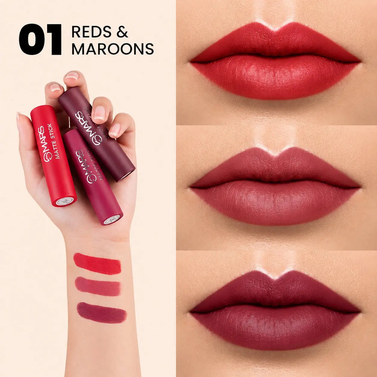 Mars 3 Matte Box Lipstick 01 (Reds & Maroons)