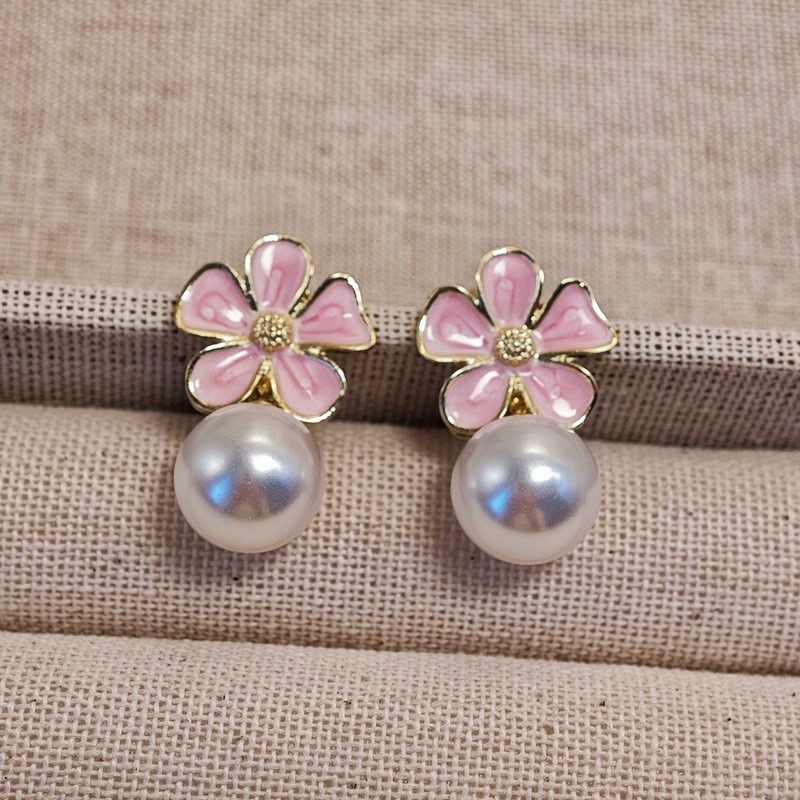 French retro oil drop flower pearl earrings_img_2
