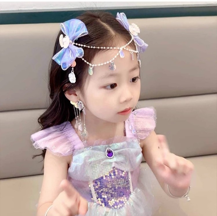 Mermaid Princess Pearl Tassel Bow Hair Clip Set-_img_0