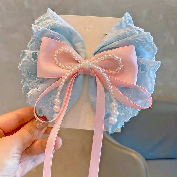 Korean Lace Bow & Pearl Ribbon Hair Clip_img_1