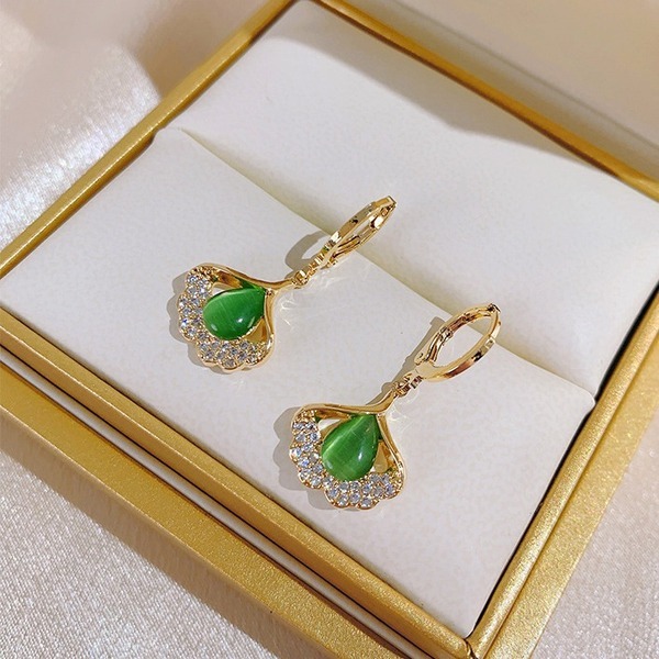 Cat's Eye Stone Ginkgo Leaf Earrings