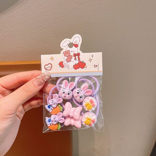 Pink Bunny & Flower Elastic Hair Band Set