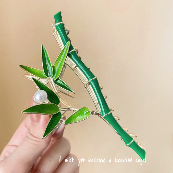Chinese Style Bamboo Leaf Pearl Metal Hair Claw Clip_img_1