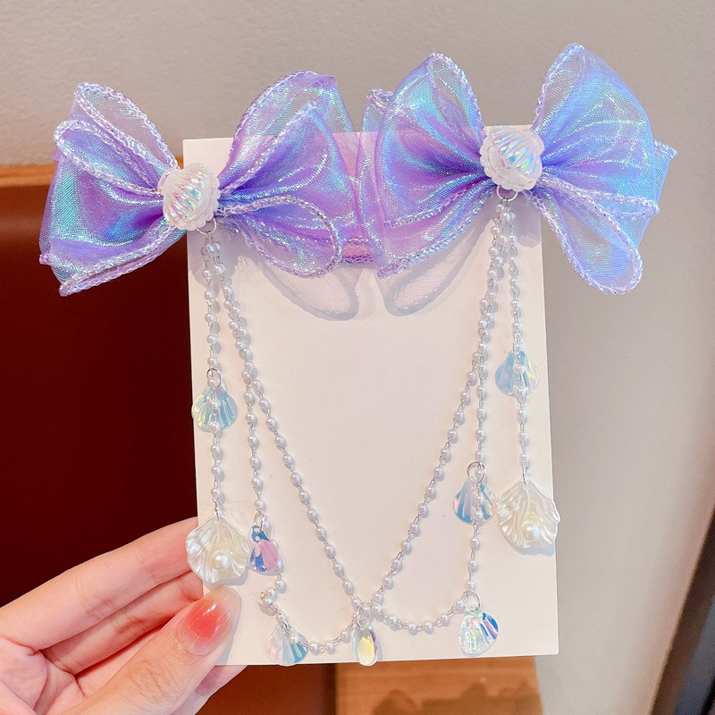 Mermaid Princess Pearl Tassel Bow Hair Clip Set-_img_1