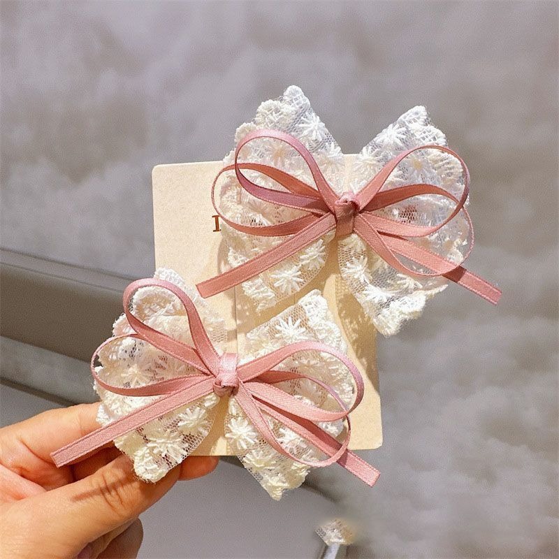 🎀 Vintage Lace & Red Satin Ribbon Bow Hair Clips Pair_img_2