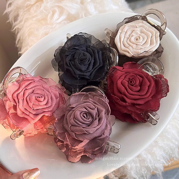 🌹 Elegant Organza Rose Flower Hair Claw Clip_img_0