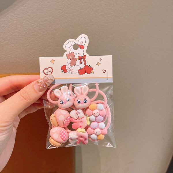 Pink Bunny & Flower Elastic Hair Band Set_img_1