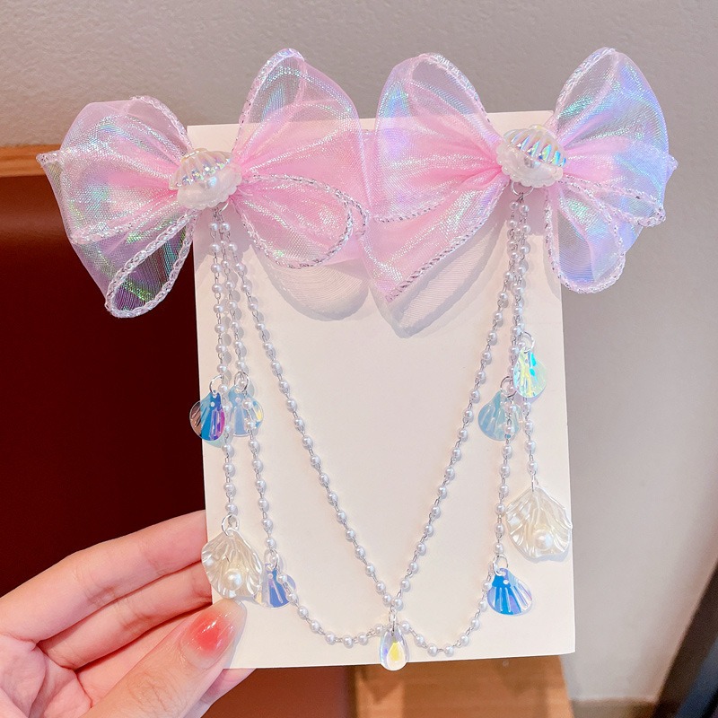 Mermaid Princess Pearl Tassel Bow Hair Clip Set-_img_3