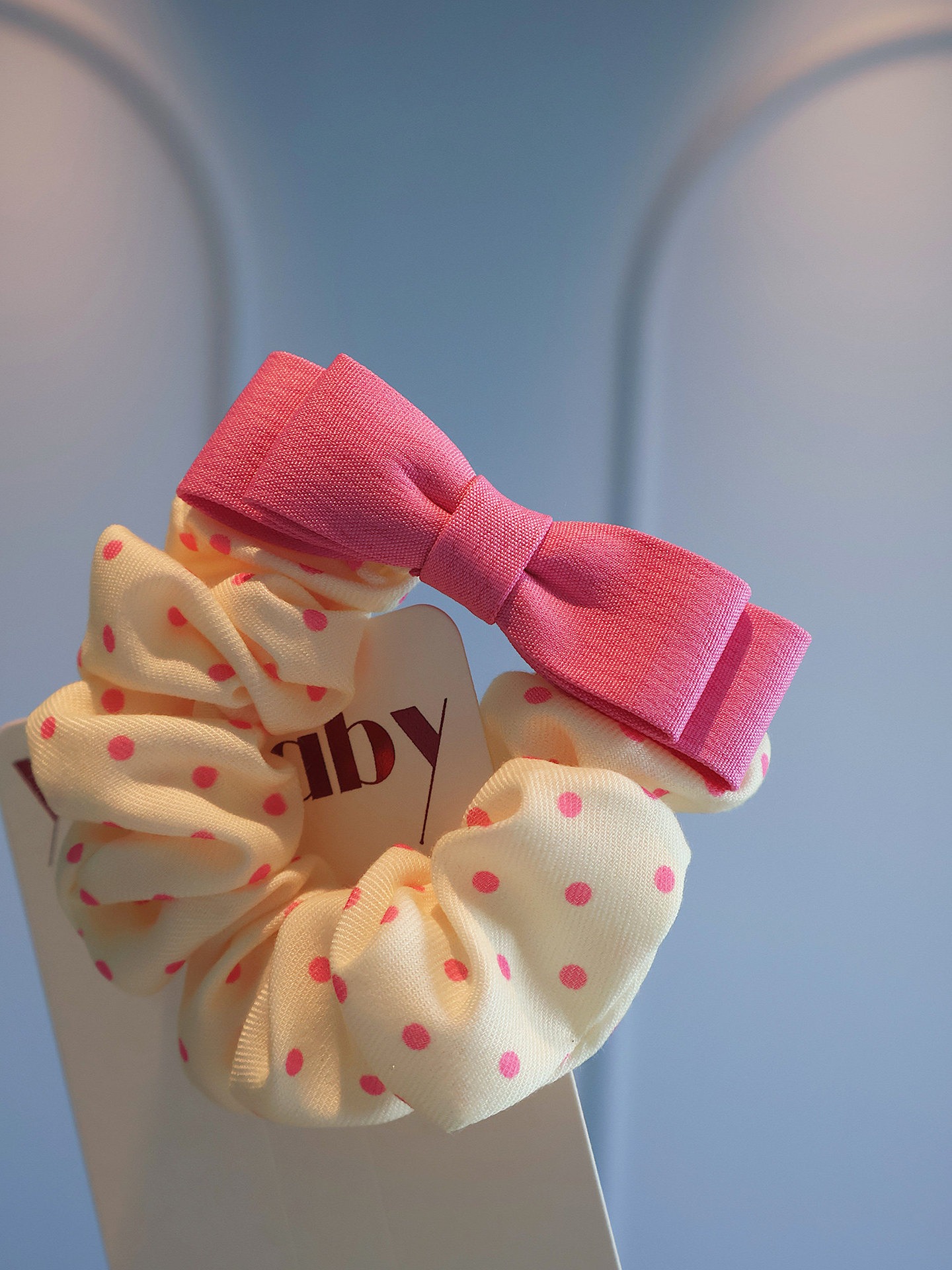 Pink Polka Dot Bow Hair Scrunchie_img_3