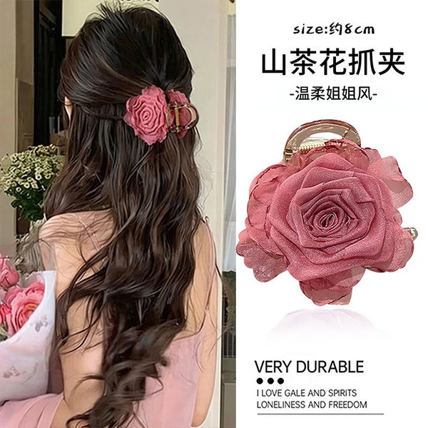🌹 Elegant Organza Rose Flower Hair Claw Clip_img_2