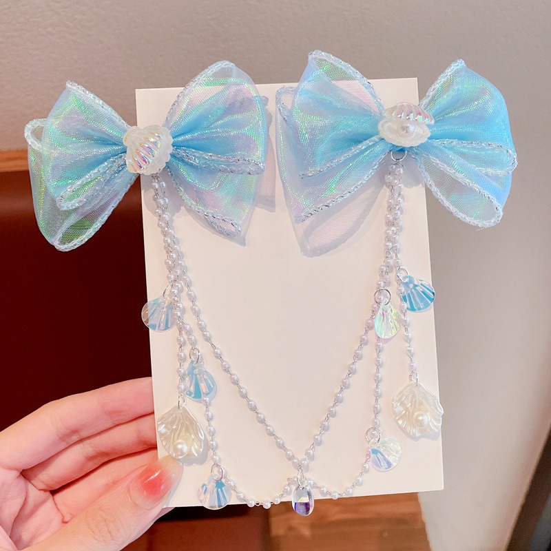 Mermaid Princess Pearl Tassel Bow Hair Clip Set-