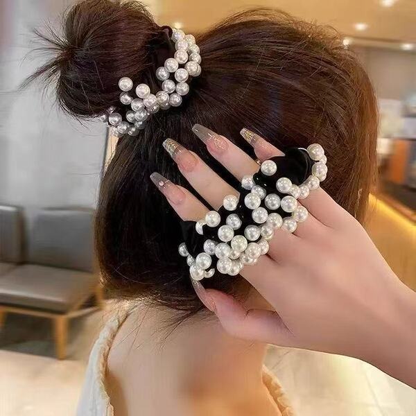 Premium Pearl Beaded Velvet Hair Scrunchie_img_1