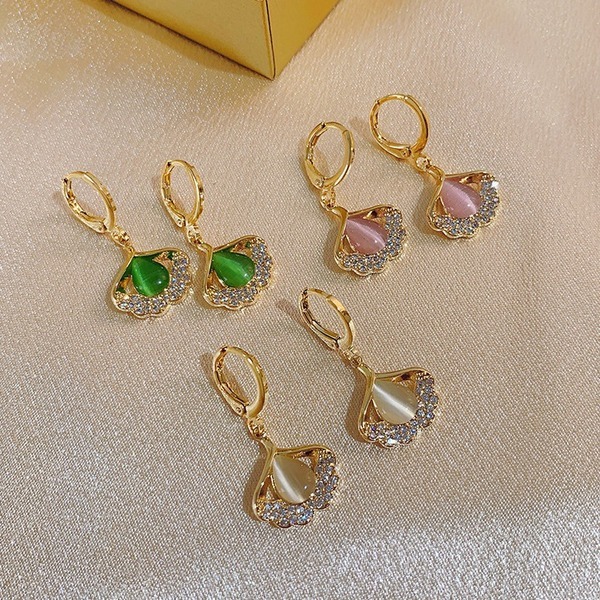 Cat's Eye Stone Ginkgo Leaf Earrings_img_0