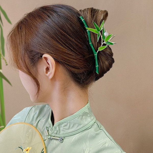Chinese Style Bamboo Leaf Pearl Metal Hair Claw Clip