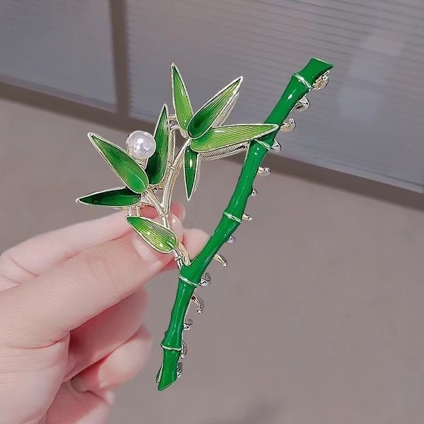 Chinese Style Bamboo Leaf Pearl Metal Hair Claw Clip_img_3