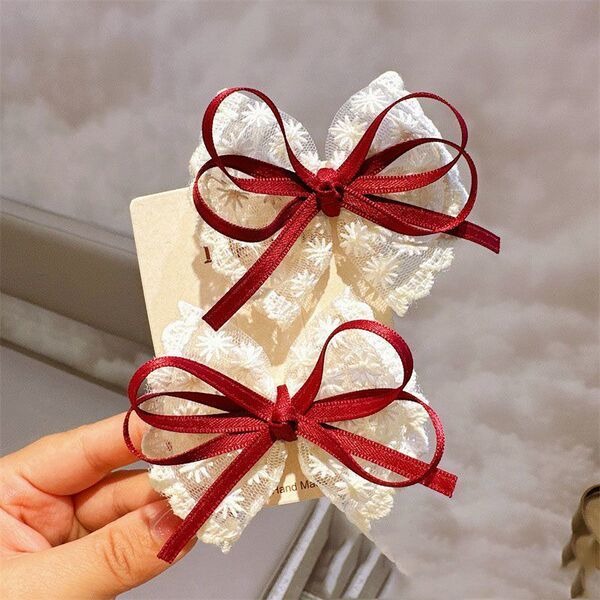 🎀 Vintage Lace & Red Satin Ribbon Bow Hair Clips Pair_img_3