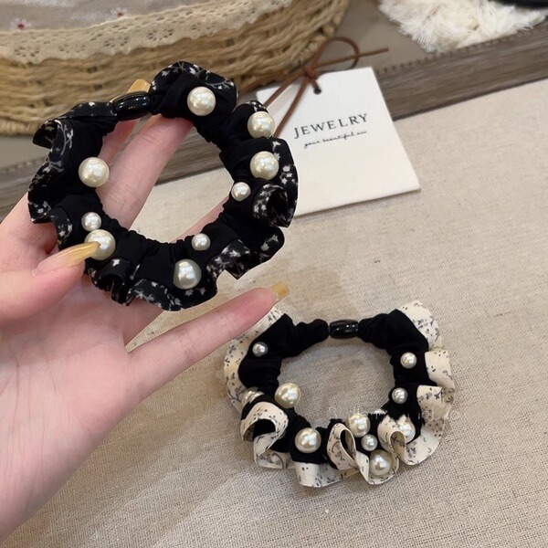 2 pcs Floral Ruffle Pearl Elastic Hair Scrunchie_img_3