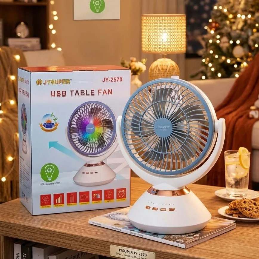 JYSUPER JY-2570 Rechargeable 8000mAh Desk Fan with LED Light, Rechargeable Portable Table Fan