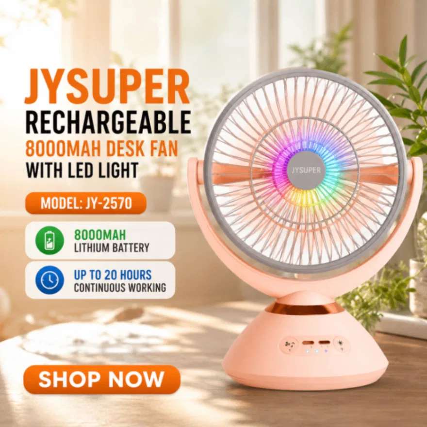 JYSUPER JY-2570 Rechargeable 8000mAh Desk Fan with LED Light, Rechargeable Portable Table Fan_img_7