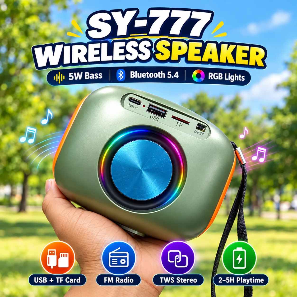 SY-777 RGB Lighting Bluetooth Speaker, USB & SD Card Supported Hi-Fi Sound Deep Bass Speaker With FM Radio_img_3