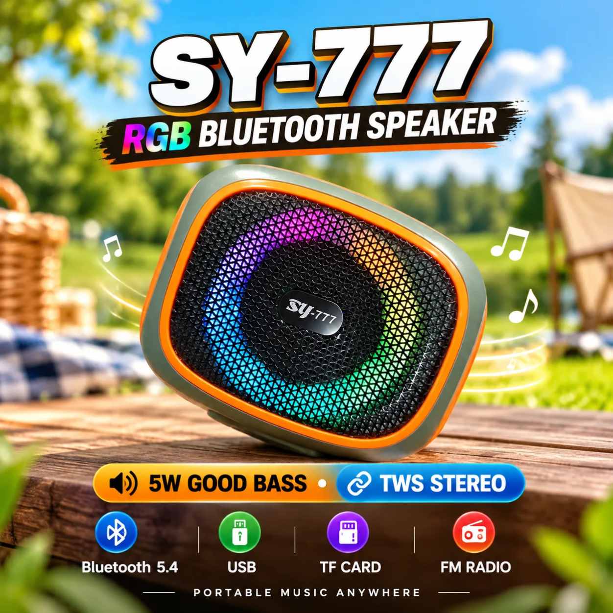 SY-777 RGB Lighting Bluetooth Speaker, USB & SD Card Supported Hi-Fi Sound Deep Bass Speaker With FM Radio_img_4
