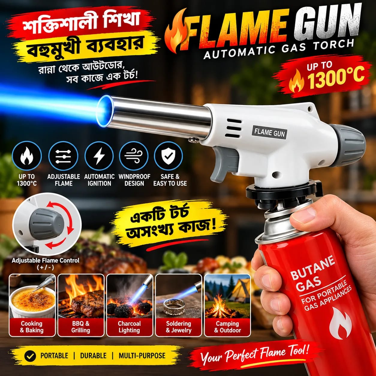 Automatic Flame Gas Torch, Butane Torch Kitchen Blow Lighter - Culinary Torches Chef Cooking Professional Adjustable Flame with Reverse Use for Creme, Brulee, BBQ, Baking, Jewelry_img_0