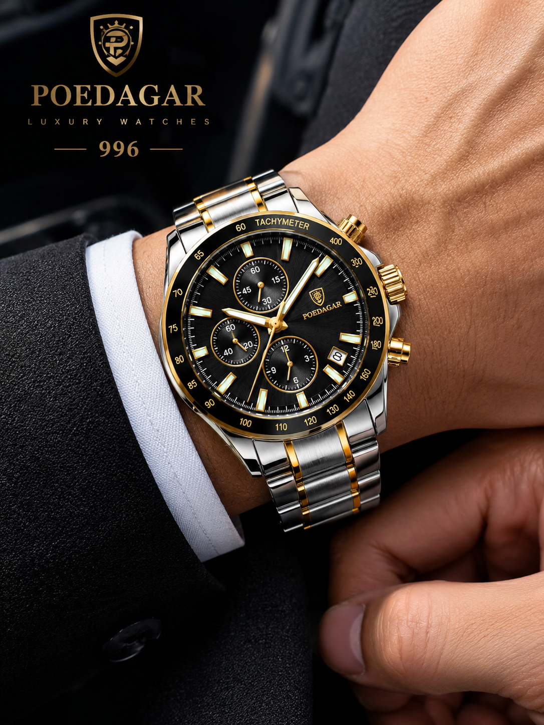 POEDAGAR 996 Luxury Man Luminous Chronograph Watch Steel Men's W0290