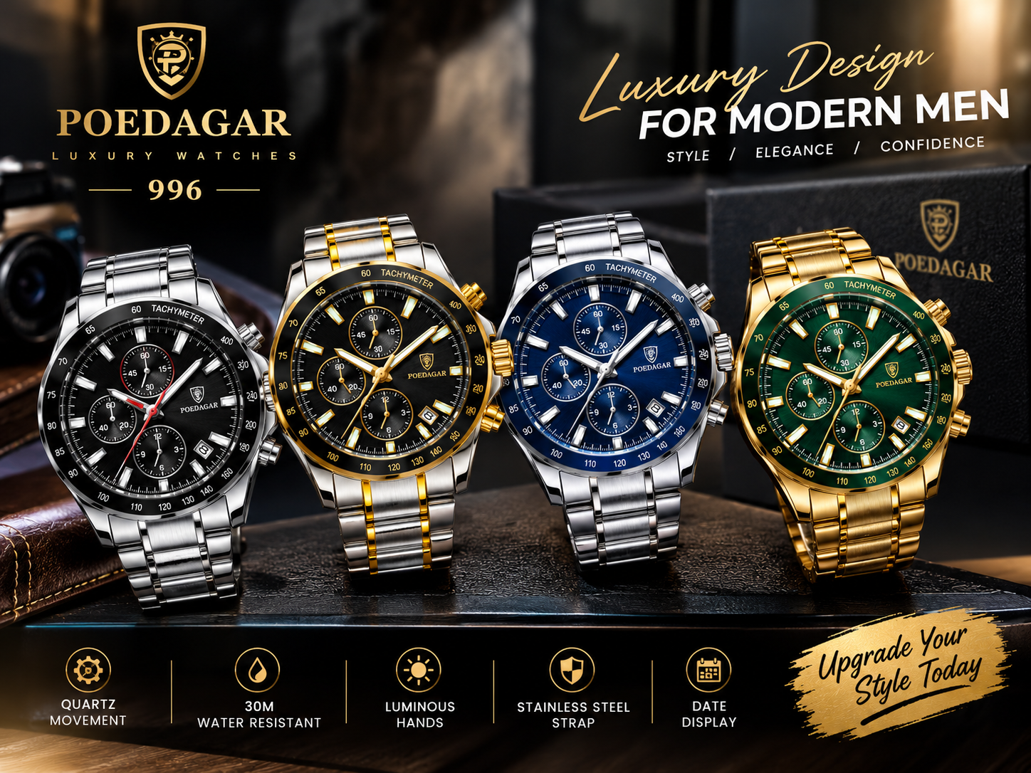 POEDAGAR 996 Luxury Man Luminous Chronograph Watch Steel Men's W0290_img_1