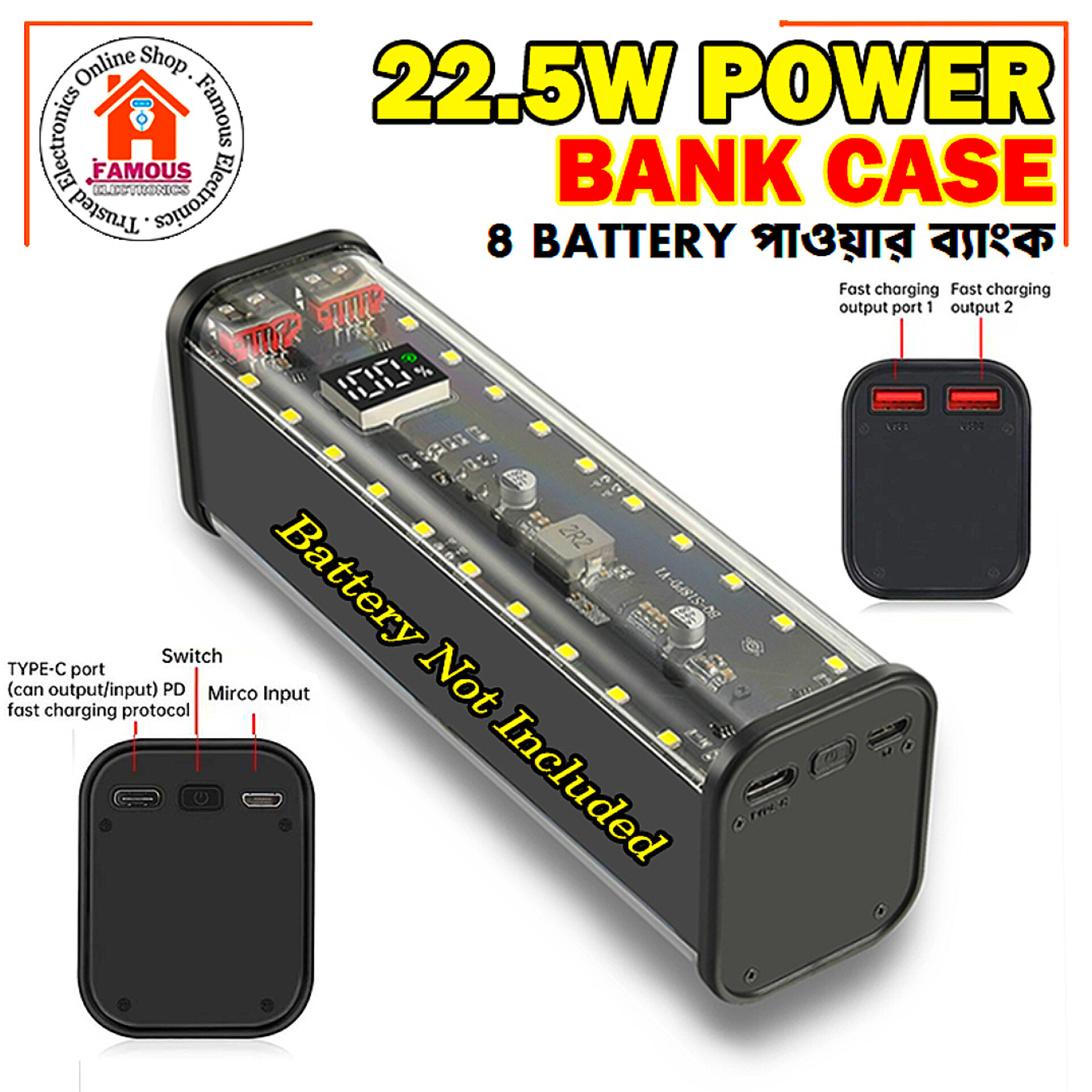 8*18650 Power Bank Case 22.5W Fast Charging Power Bank Case 18650 LED USB C Micro USB Ports Battery Storage Box For Huawei Xiaomi_img_1