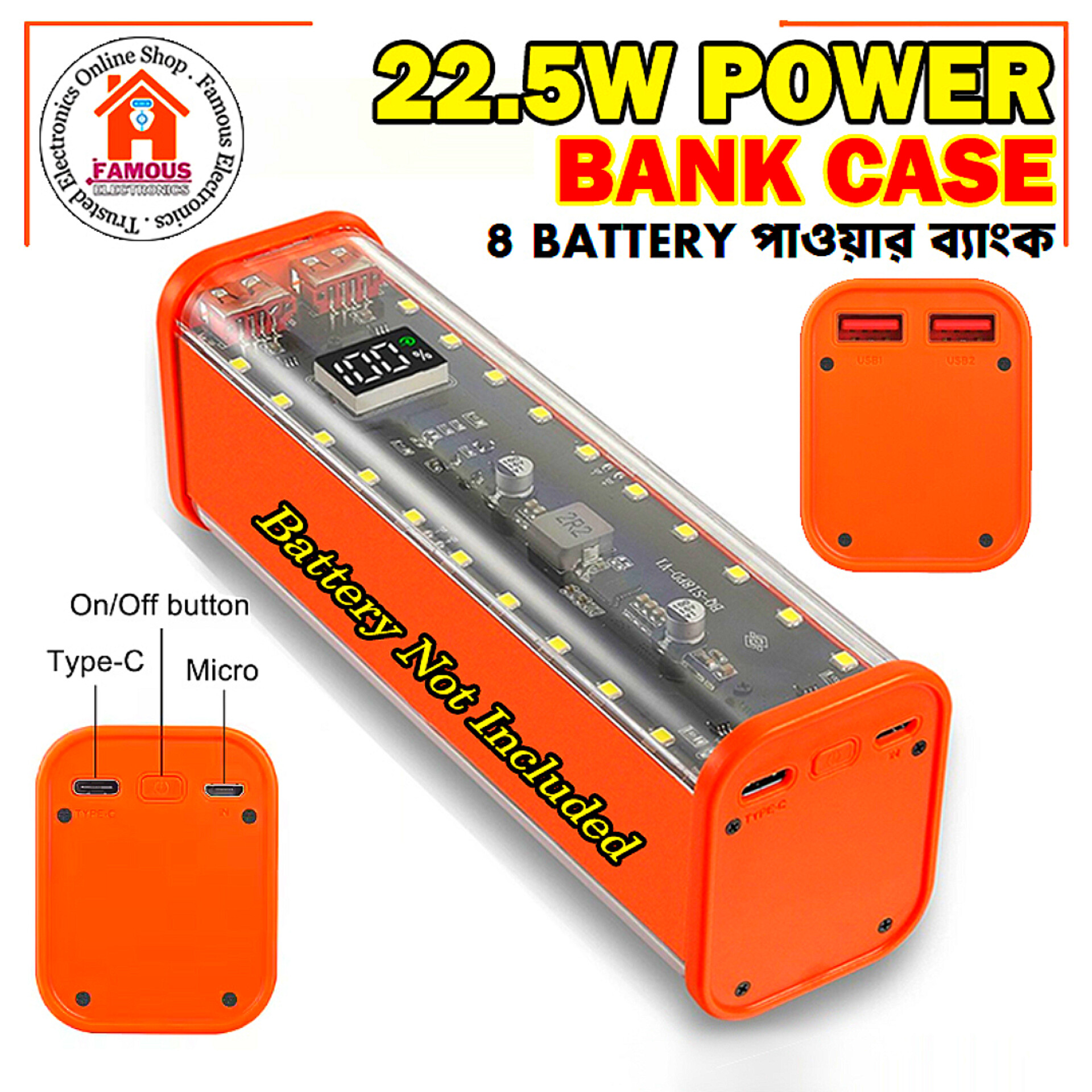 8*18650 Power Bank Case 22.5W Fast Charging Power Bank Case 18650 LED USB C Micro USB Ports Battery Storage Box For Huawei Xiaomi