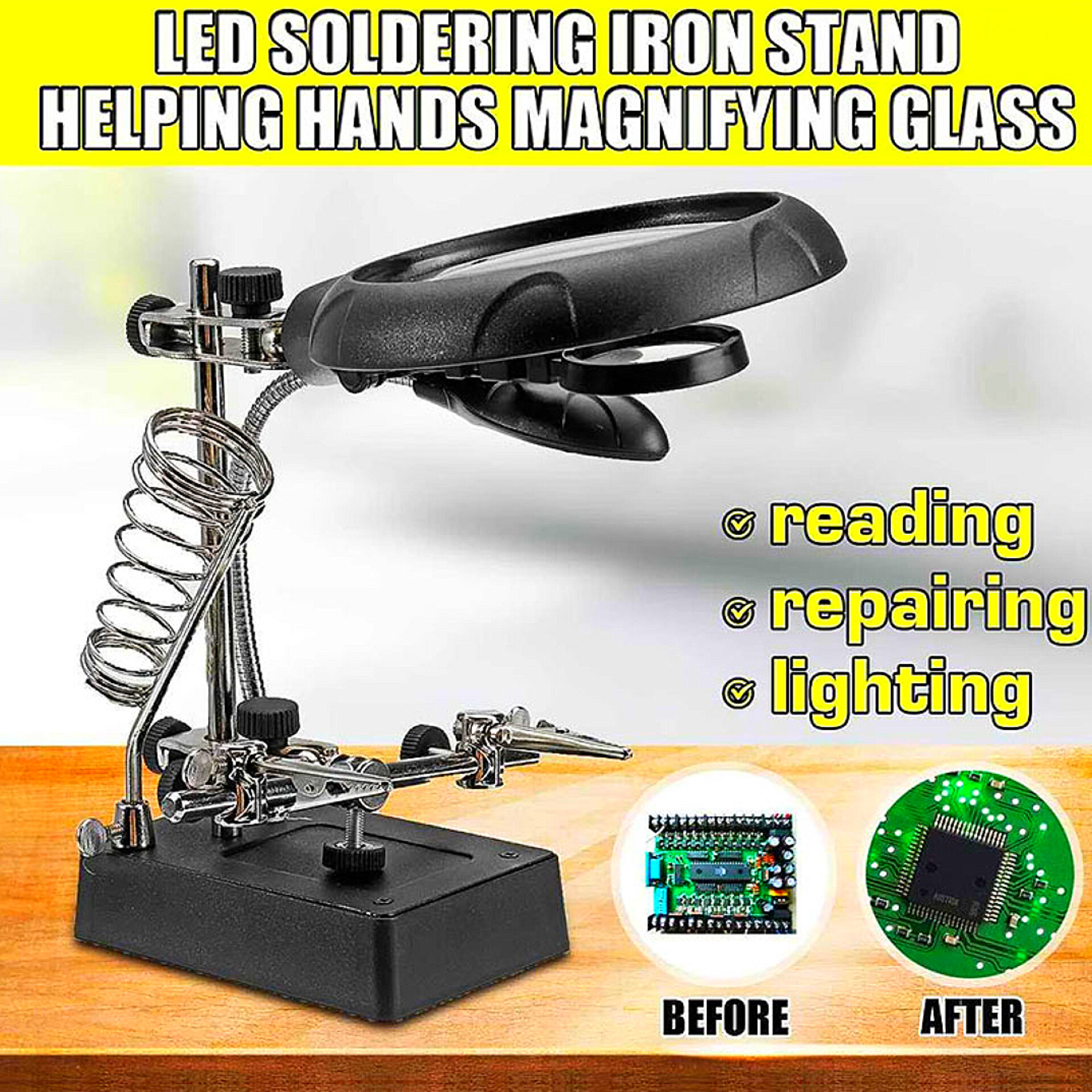 3 In 1 Welding Magnifying Glass LED Auxiliary Clip Magnifier with helping Hand Soldering Solder Iron Stand Holder_img_4
