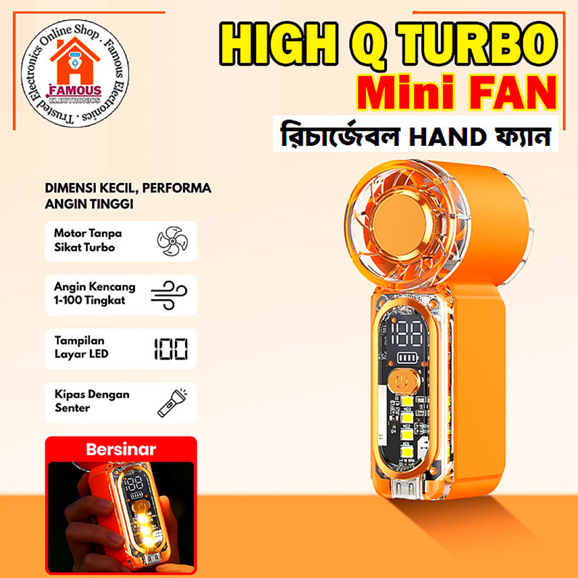 X699 100Gear High-Speed Transparent Handheld Fan Mini Turbo Pocket Fan with LED Light_img_0