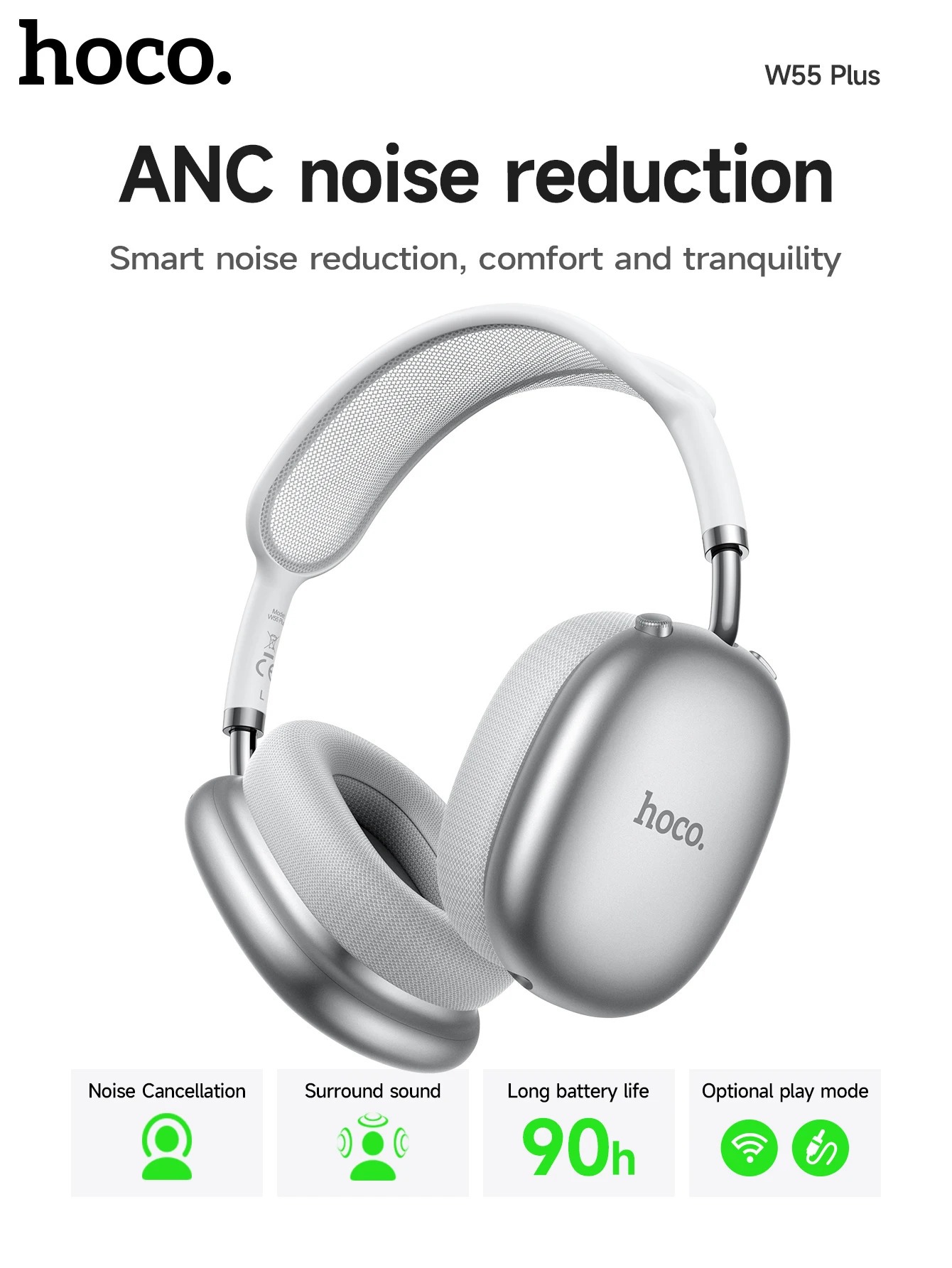 Hoco W55 Plus ANC Headphone (Extra 170H Long Usage)