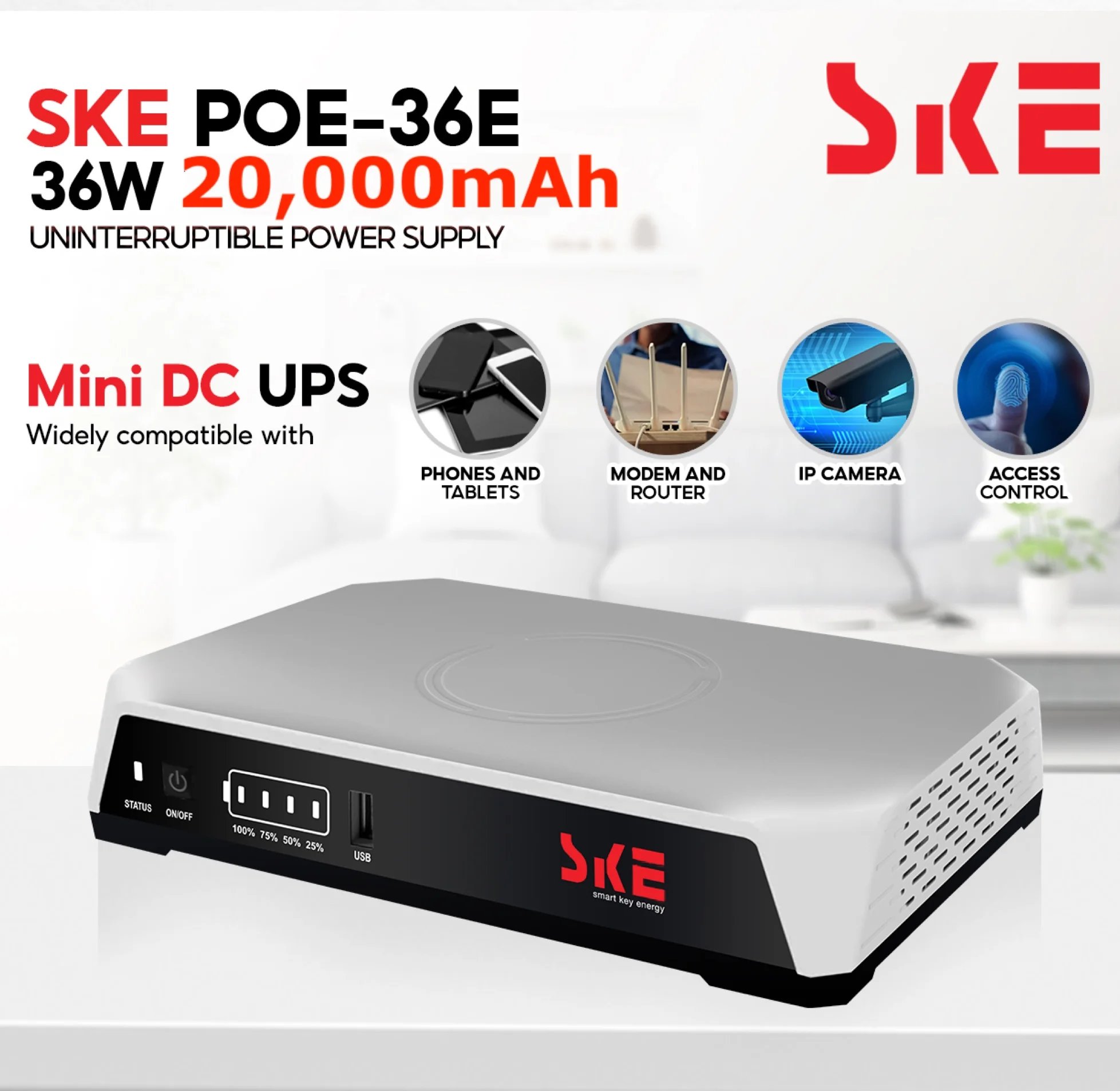 SKE POE-36E-LFP 20,000mAh Mini DC UPS - LiFePO4 Battery (5V/9V/12V 3A)