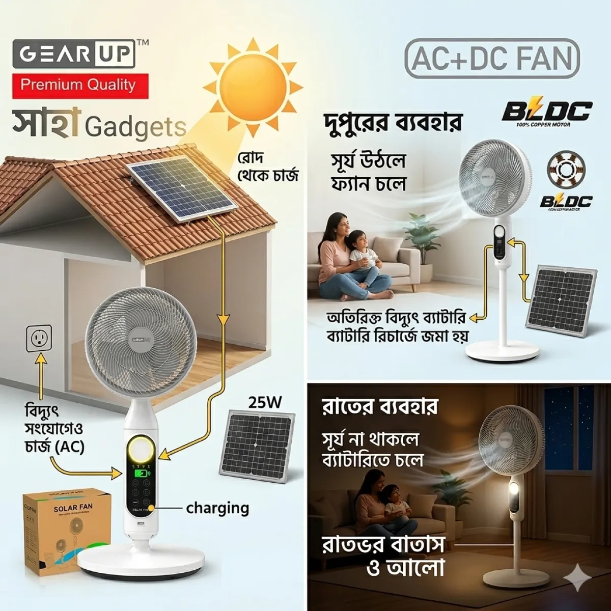 GearUP Premium Series Rechargeable BLDC Solar Stand Fan (AC+DC) – 25W Solar Panel Included - Image 1