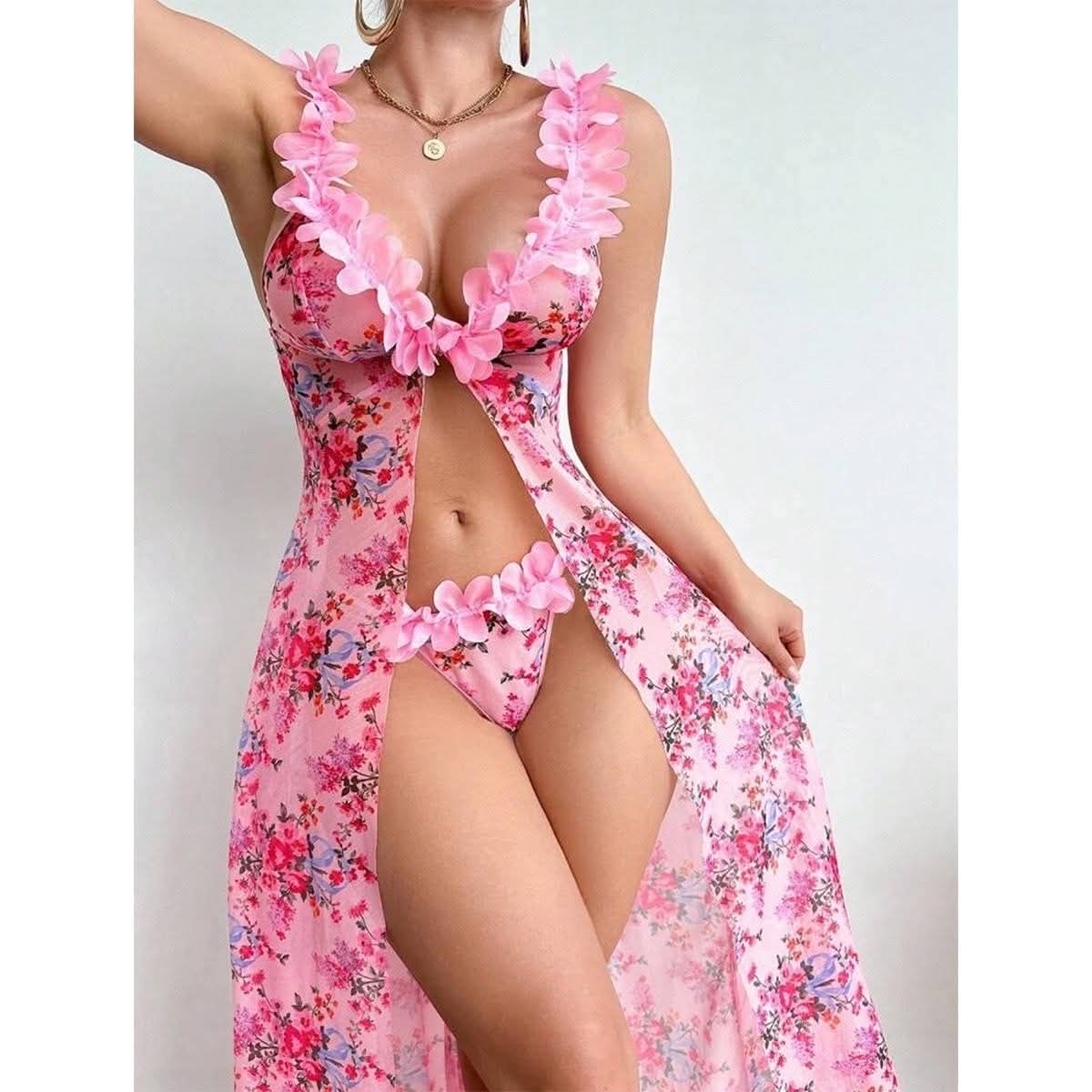 Flower Digain Front Open Night Dress - Image 4
