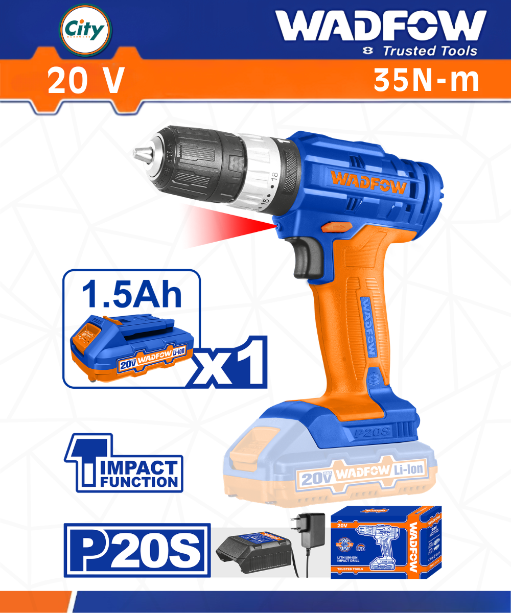 20v লিথিয়াম আয়ন ইমপ্যাক্ট ড্রিল মেশিন 35Nm WADFOW WCDP521