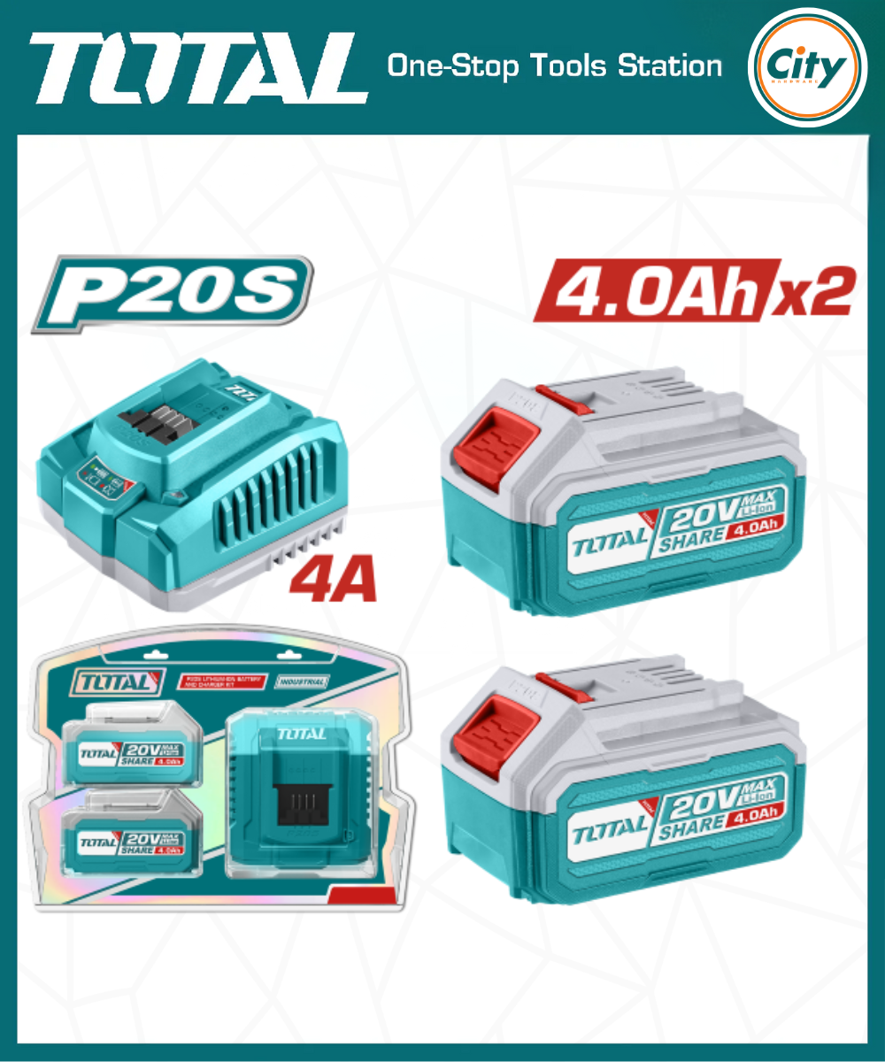 20v লিথিয়াম আয়ন 4.0Ah ব্যাটারি ২ পিস ও চার্জার সেট TOTAL TFBCPK1424
