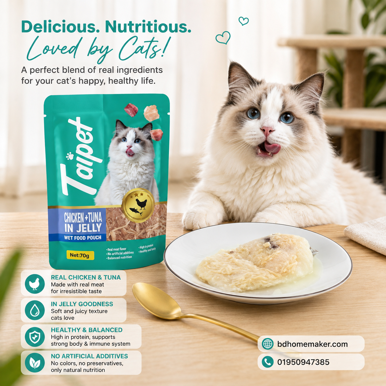 taipet wet cat food pouch chicken and tuna in jelly for both adults and kittens 2 months 70g