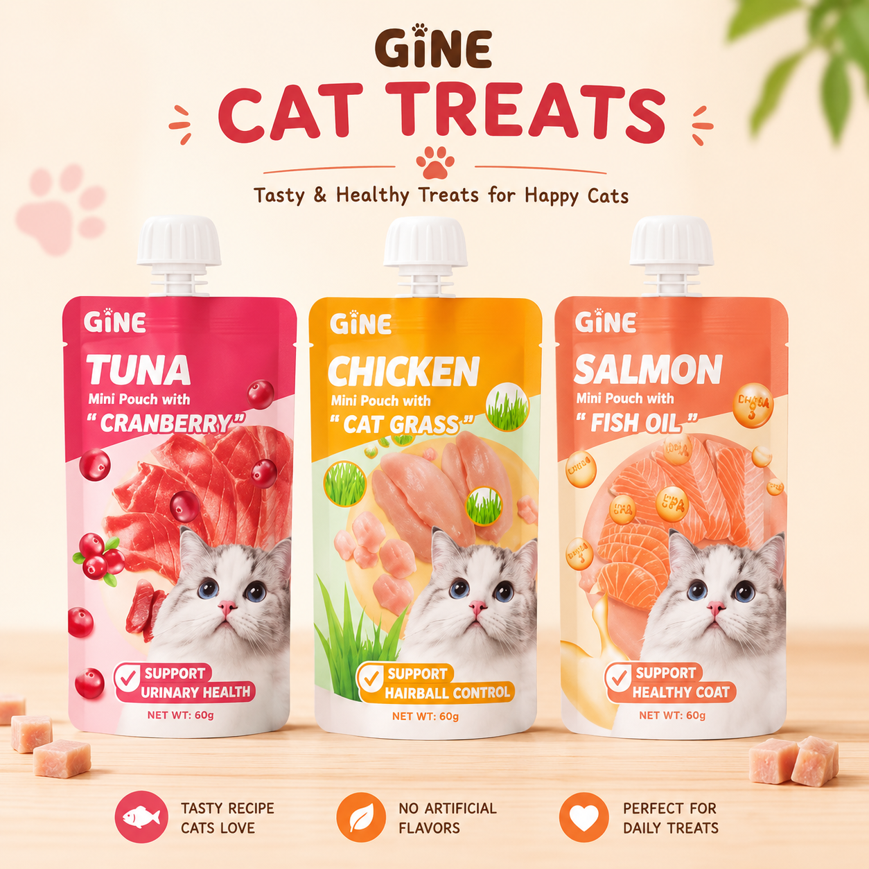 Gino cat treat chicken mini pouch with cat grass 100g