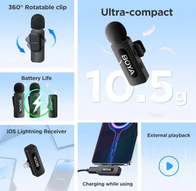 BOYA by-V2 Wireless Lavalier Microphone for iPhone, Mini Phone Microphone Wireless, Noise Canceling, Dual Lapel Mic for YouTube, Podcast, TikTok Vlog Recording(Not Compatible iPhone 15/16/17)_img_4