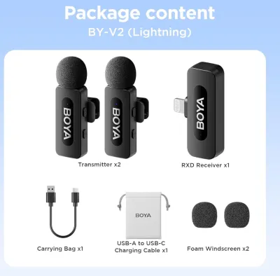 BOYA by-V2 Wireless Lavalier Microphone for iPhone, Mini Phone Microphone Wireless, Noise Canceling, Dual Lapel Mic for YouTube, Podcast, TikTok Vlog Recording(Not Compatible iPhone 15/16/17)_img_6